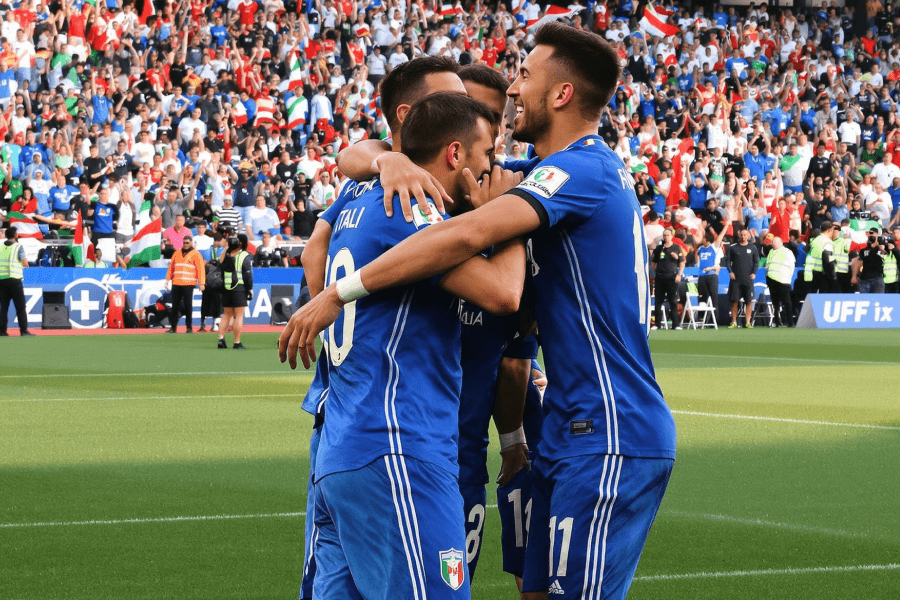 L'équipe italienne célébrant un but contre la Moldavie.