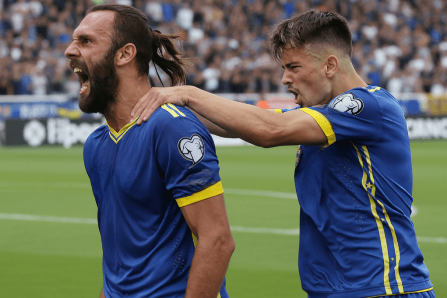 L'équipe nationale du Kosovo en célébration après la victoire.