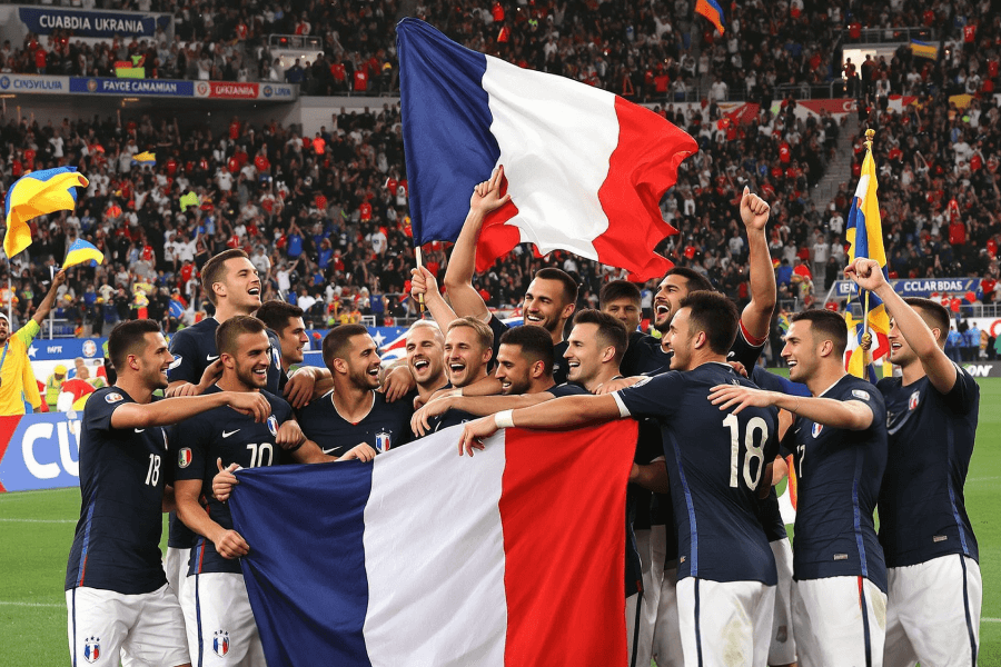 L’équipe de France célébrant la victoire face à l'Ukraine.
