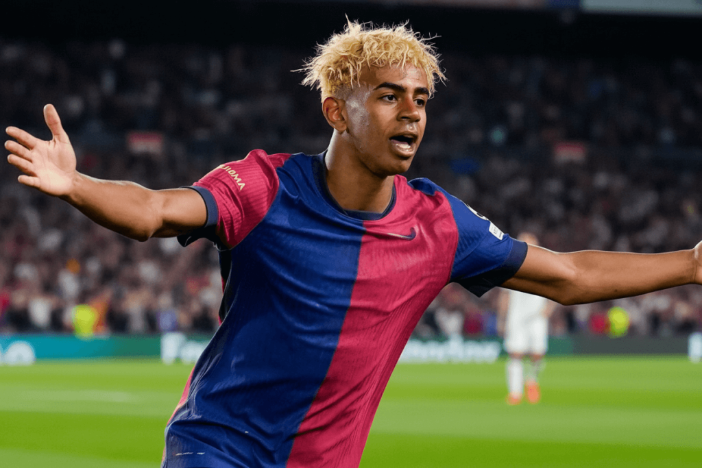 Yamal célèbre l'un de ses buts sur le terrain.