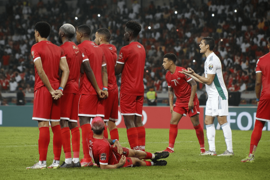 Joueurs de l'équipe de Guinée équatoriale célébrant un but.