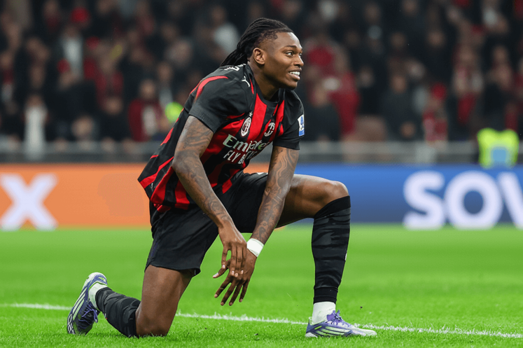 Rafael Leão dribble un défenseur de l'AS Roma.