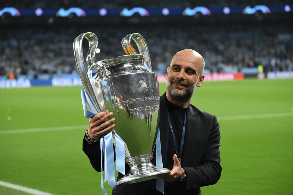 Pep Guardiola célébrant une victoire avec le FC Barcelone.