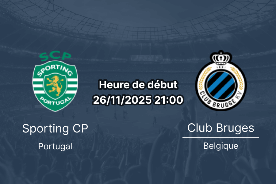 Affiche du match Sporting CP – Club Bruges en Ligue des champions à Lisbonne.
