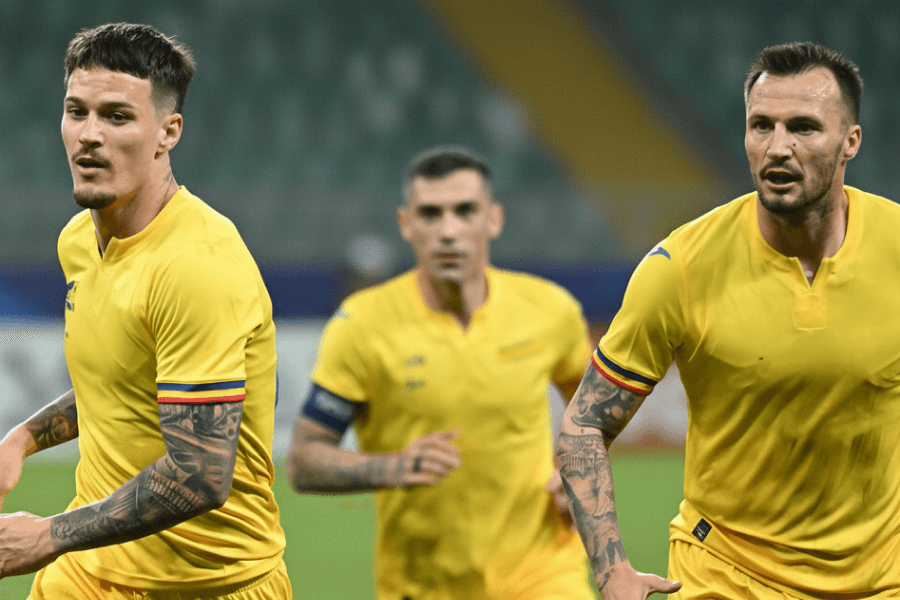 L'équipe nationale roumaine en action lors du match contre la Bosnie.