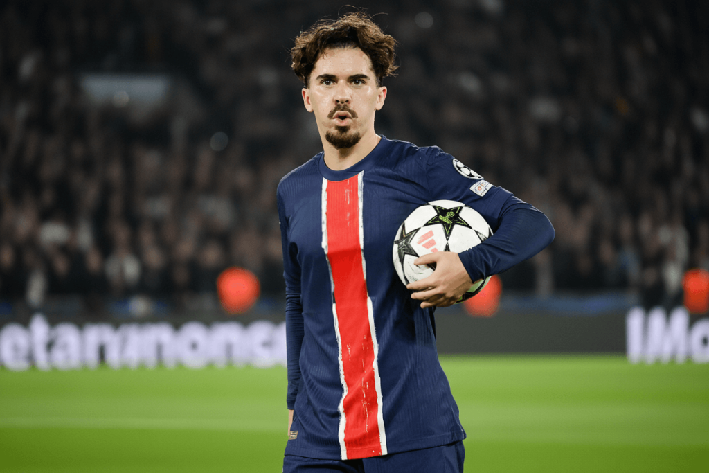 Vitinha, milieu de terrain du PSG, en pleine action.