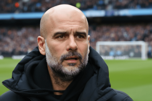 Guardiola discutant avec les journalistes avant le match.