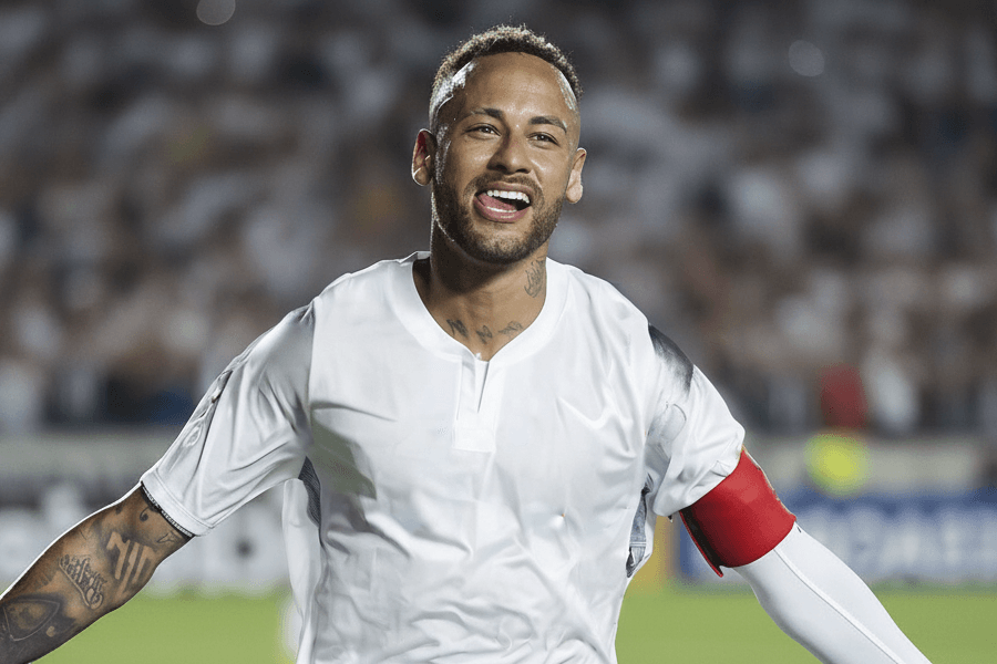 Neymar célébrant son triplé avec ses coéquipiers