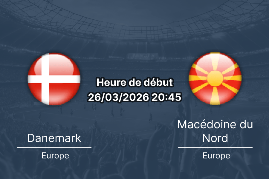 Pronostic Danemark Macédoine du Nord barrage qualification Coupe du Monde 2026 UEFA play-off Parken Stadium Copenhague 26 mars paris 1xBet APK RDC Emeka Ngoyi