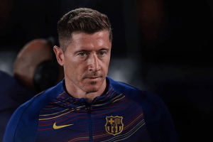 Robert Lewandowski célèbre un but avec le maillot du FC Barcelone en Liga 2026