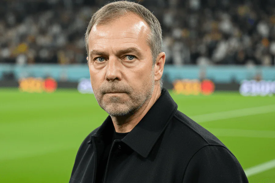 Hansi Flick donnant des consignes tactiques sur la ligne de touche.