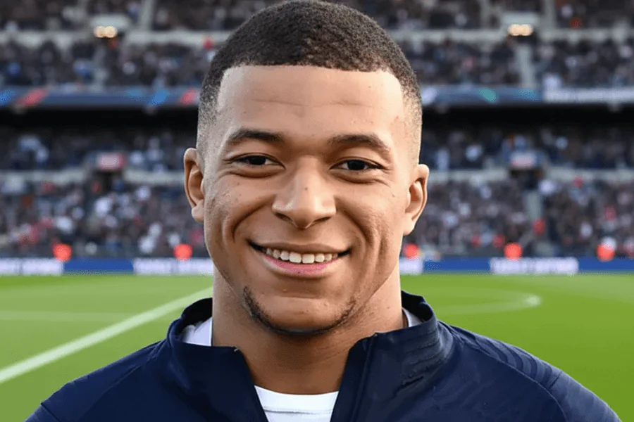 L’attaquant français Kylian Mbappé saluant le public après une victoire, le sourire aux lèvres.

