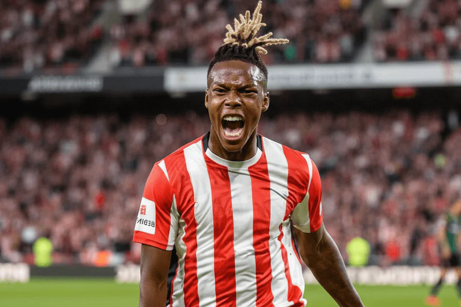 Nico Williams observant les tribunes du Camp Nou après une action sous les sifflets du public.