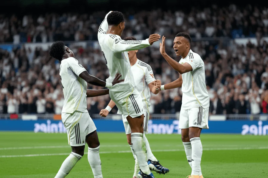 Les joueurs du Real Madrid discutant sur le terrain pendant le match contre Elche.