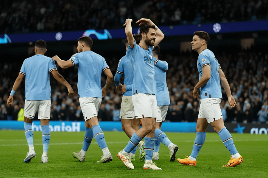 Manchester City célébrant un but lors d'un match précédent.